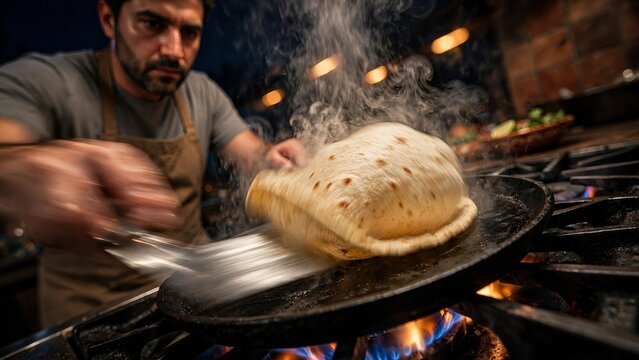 Hispanic male chef cooking traditional puffed flatbread on a hot griddle over open gas flame in a commercial kitchen with motion blur and rising steam emphasizing culinary skill and fast action