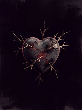 Cracked stone heart wrapped in thorny branches on a dark background