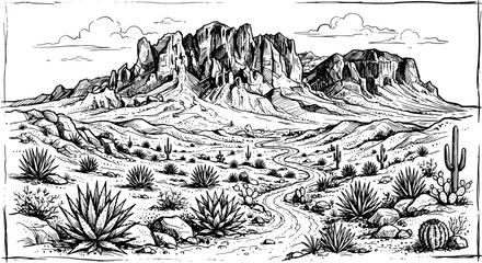 Obraz premium Black and white line art illustration of a rugged desert mountain range