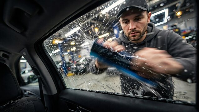 Caucasian man energetically washing a car window with a squeegee and soapy water splashing in an auto repair shop viewed from inside the vehicle