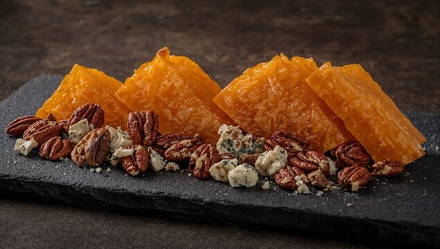 Honeycomb wedges with pecans and blue cheese on a dark slate board