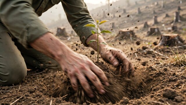 Close-up of an environmental activist planting a green seedling in dry soil with dirt flying, set against a backdrop of a deforested landscape with tree stumps symbolizing active reforestation