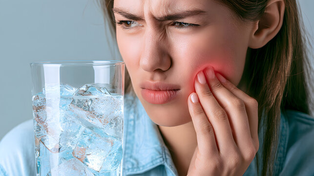 Health care young woman touching mouth, expression, girl suffering from toothache, decay or sensitivity cavity molar tooth or inflammation drink cold, sparkling water. Sensitive teeth people