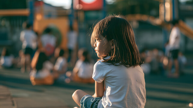 Little child girl sitting lonely watching friends play at the playground - overlooked by other people feeling