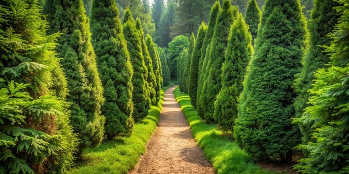 Dense foliage of Thuja trees surrounds a winding footpath on a serene glade in a lush green forest