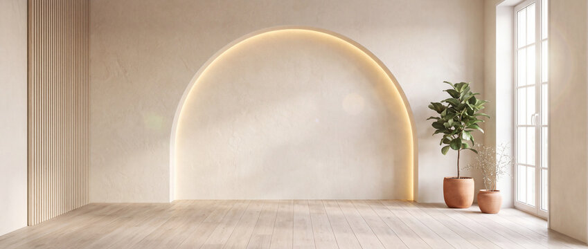 Arch niche with warm backlight in empty room with textured beige plaster, wooden parquet floor, vertical wall slats, and potted houseplant, ideal as an interior product display mockup
