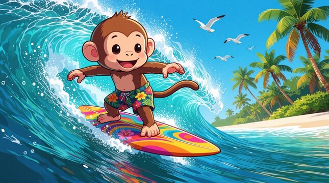 Cute cartoon monkey surfing on colorful board in big ocean wave. Tropical island beach with palm trees, white sand, seagulls. Happy animal rides swell with water splashes under bright blue sky.
