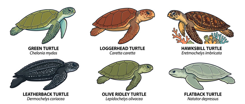 Collection of six different turtle species isolated