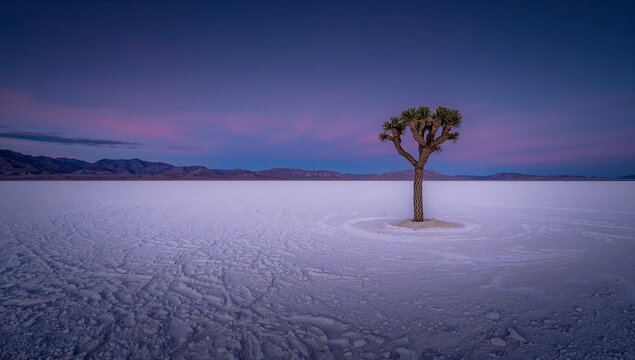Single Joshua tree in stark white desert landscape at twilight