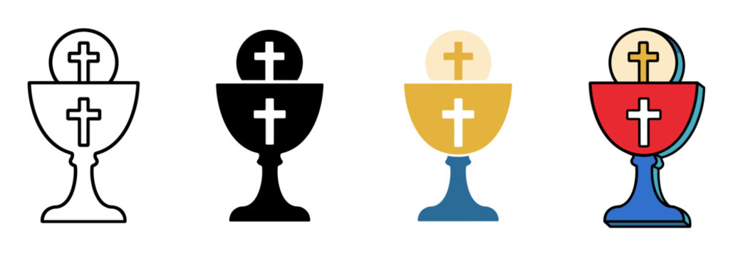 Holy communion chalice and host icons set featuring religious Christian Eucharist symbols in outline, flat, silhouette, and colored graphic design styles