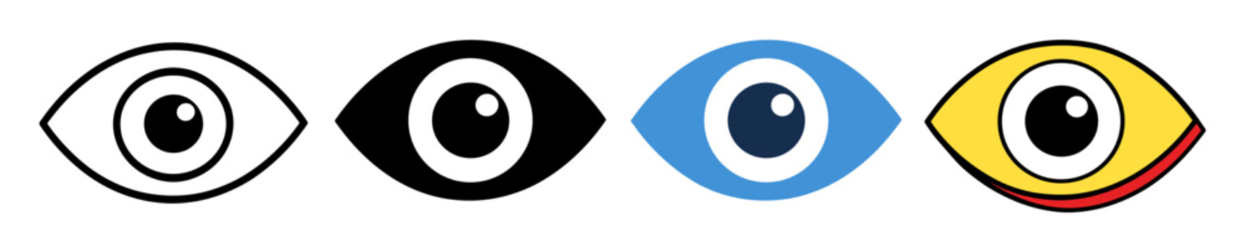 Eye icon set in various graphic styles representing vision, observation, supervision, and optical perception for interface navigation design
