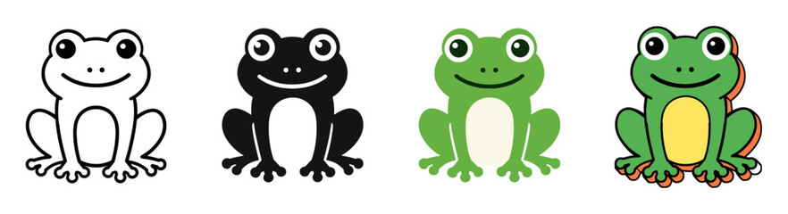 Fototapeta premium Cute cartoon frog icon set collection featuring outline silhouette flat and colorful comic style toad character illustrations for graphic design and kids education