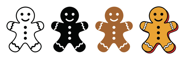 Obraz premium Gingerbread man cookie icons in different styles representing festive holiday treats, sweet baked Christmas biscuits, winter celebration pastries, and traditional seasonal bakery elements
