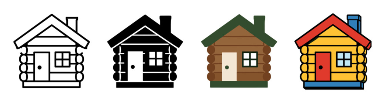 Log cabin icon set in diverse styles including outline silhouette flat color and vibrant cartoon design representing forest architecture and wooden house