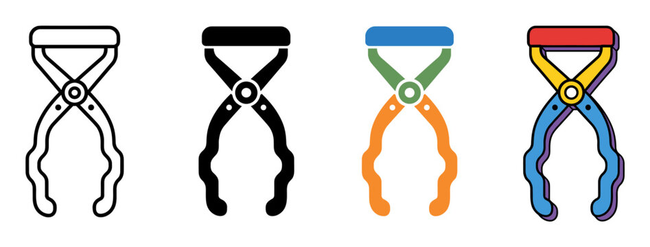 Laboratory tongs and crucible clamp icon set designed in line, silhouette, and modern colorful graphic styles for science projects