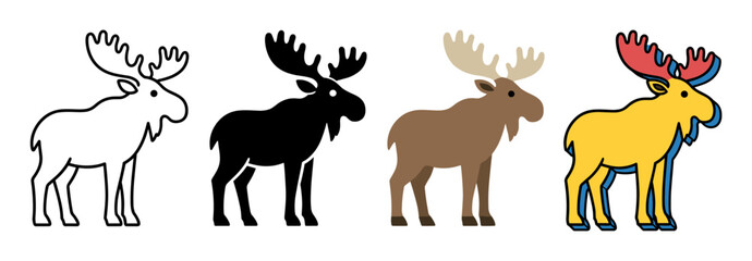 Fototapeta premium Moose elk silhouette and outline icon set featuring wild forest deer animals in different modern graphic styles for logo design and wildlife emblems