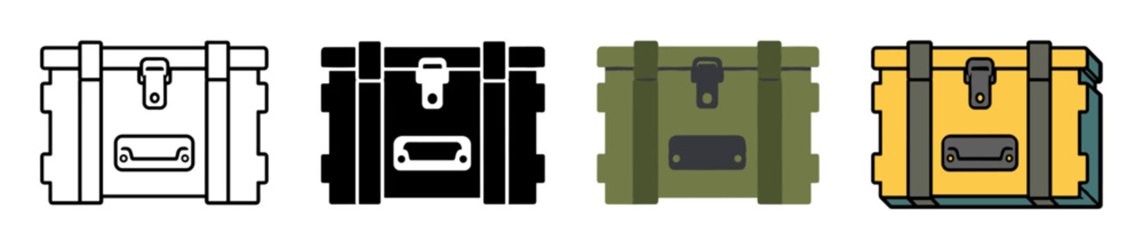 Military crate storage box icon vector set featuring ammunition chest in line art silhouette flat and colored styles for equipment design