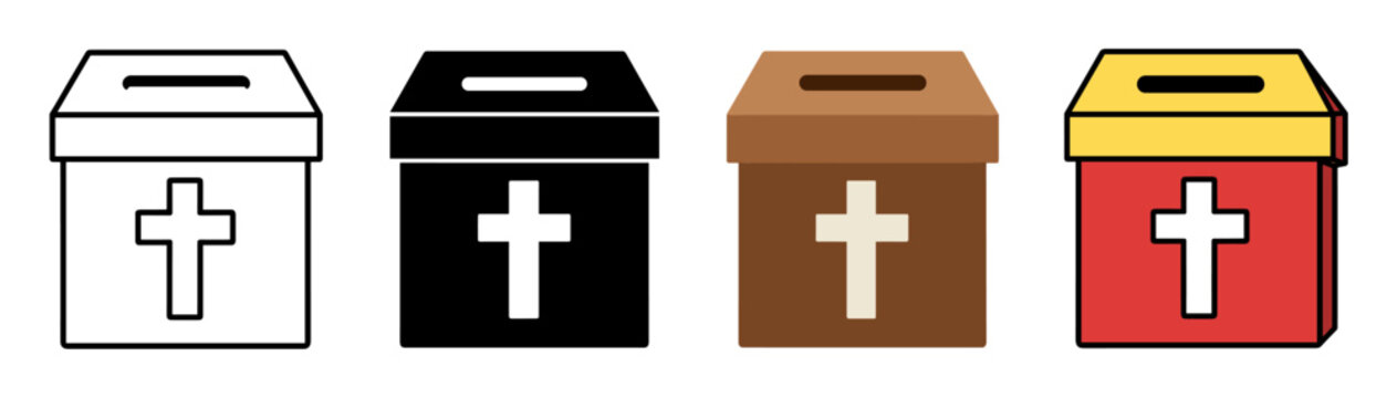 Church donation box icons with cross symbol displayed in outline silhouette flat and colorful graphic styles for religious charity and tithing concepts