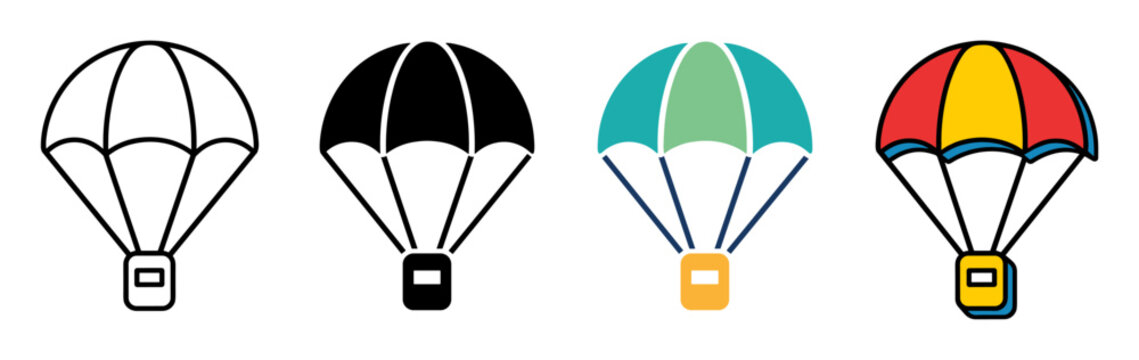 Parachute delivery package icon vector collection set featuring outline, silhouette, modern flat, and colorful line art styles for air shipping logistics
