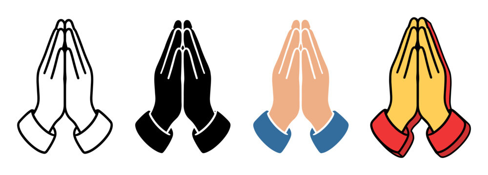 Praying hands icons set in different styles showing folded palms for prayer, namaste gesture, hope, gratitude, religion, and spiritual meditation symbols