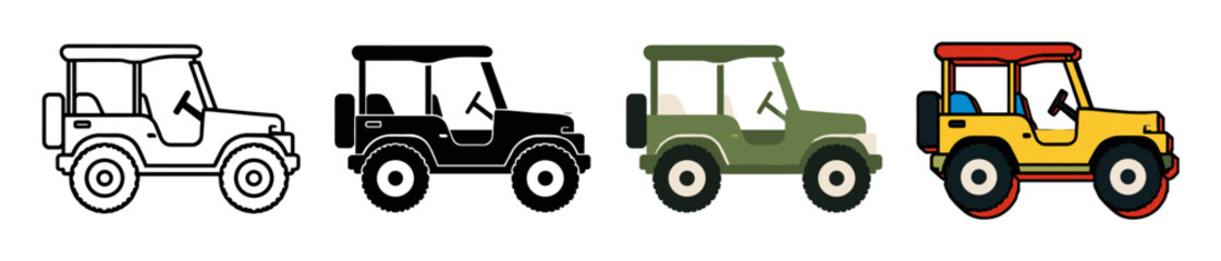 Fototapeta premium Off road vehicle icon collection vector set featuring line art, black silhouette, flat graphic, and colorful cartoon styles for travel and outdoor adventure designs