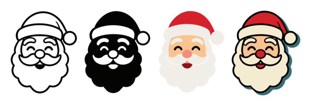 Santa Claus head cartoon vector icon set featuring line art, silhouette, and colorful festive Christmas faces with beard and hat for holiday decoration design