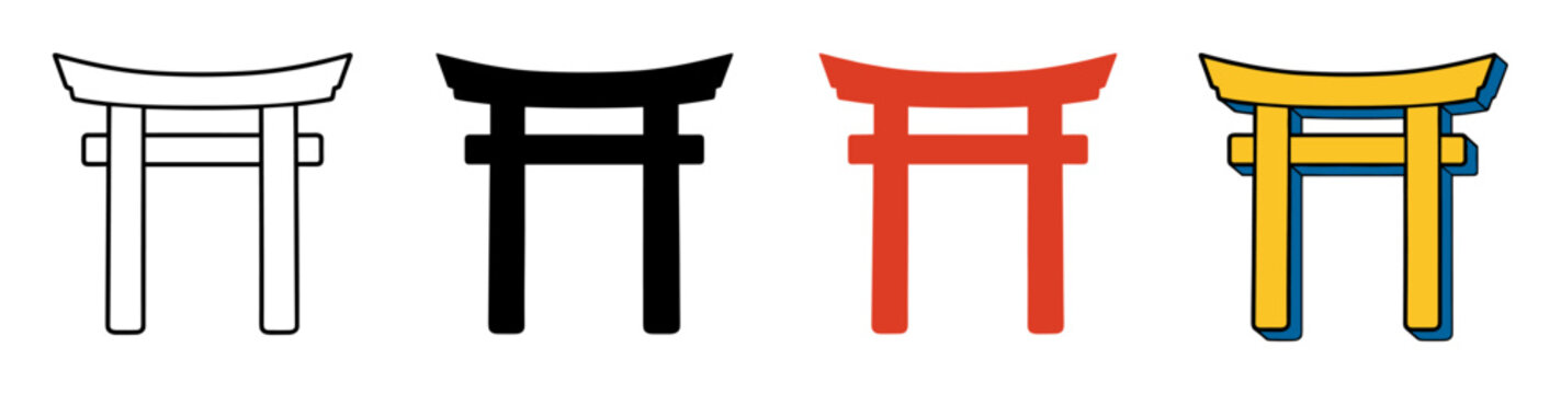 Japanese torii gate icon set vector collection featuring traditional Shinto shrine entrance gates in outline, silhouette, red flat design, and colorful dimensional graphic styles