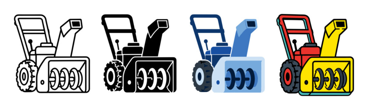 Snowblower icons set for winter snow removal equipment featuring outline silhouette flat and colorful graphic styles for seasonal cleaning concepts