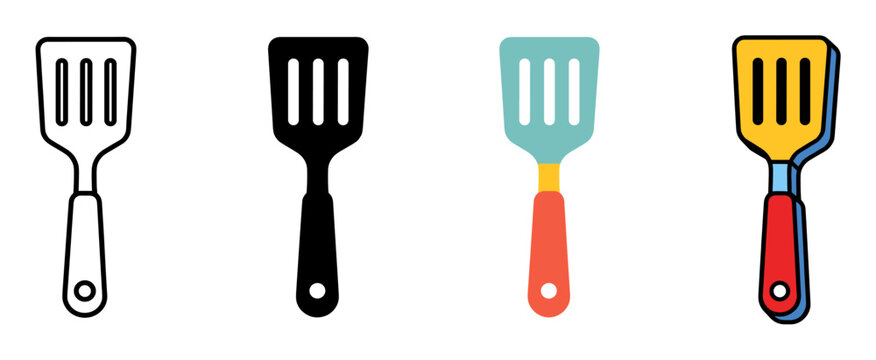 Kitchen spatula slotted turner cooking utensil icons presented in outline silhouette flat graphic and cartoon styles for culinary design concepts
