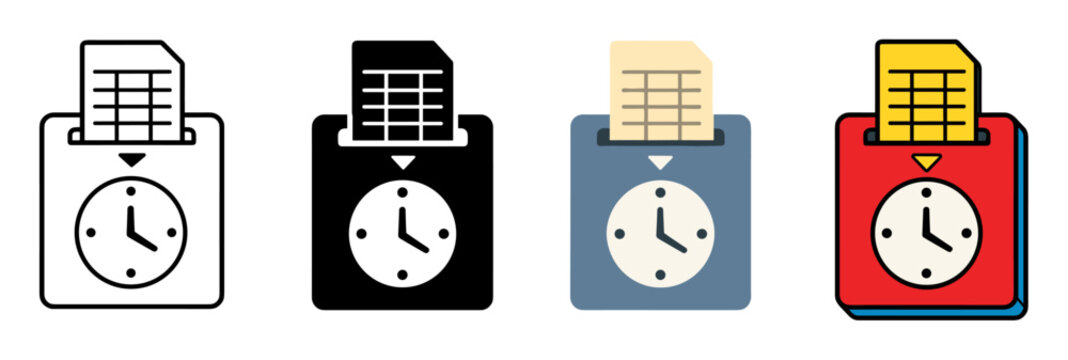 Punch card attendance machine time clock icons set in different graphic styles for office work schedule employee tracking and business payroll management