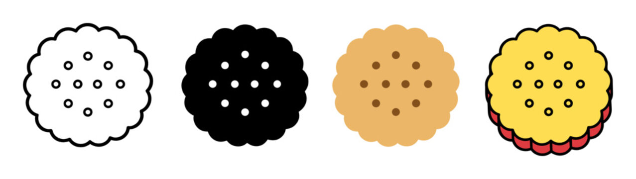 Round cracker biscuit cookie icons set collection featuring outline silhouette and flat colored snack bakery symbols for culinary graphic design