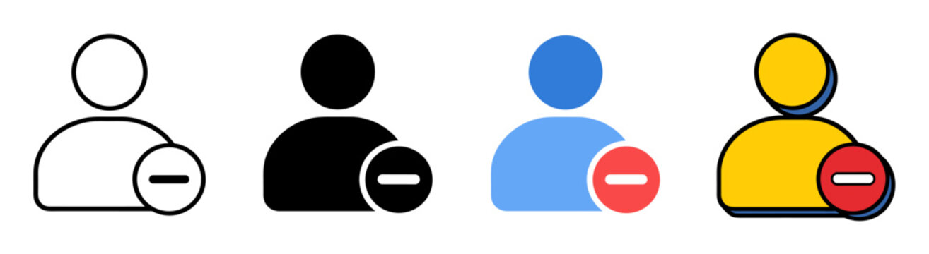 Remove user icon set with minus sign representing account deletion, member removal, unsubscribing, profile management, and contact clearance for modern digital interfaces and apps