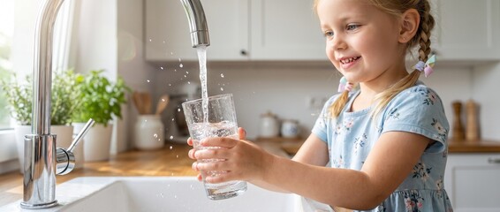 Plakat Lächelndes Kind füllt Glas mit frischem Leitungswasser am Wasserhahn in moderner Küche