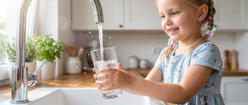 L&auml;chelndes Kind f&uuml;llt Glas mit frischem Leitungswasser am Wasserhahn in moderner K&uuml;che.