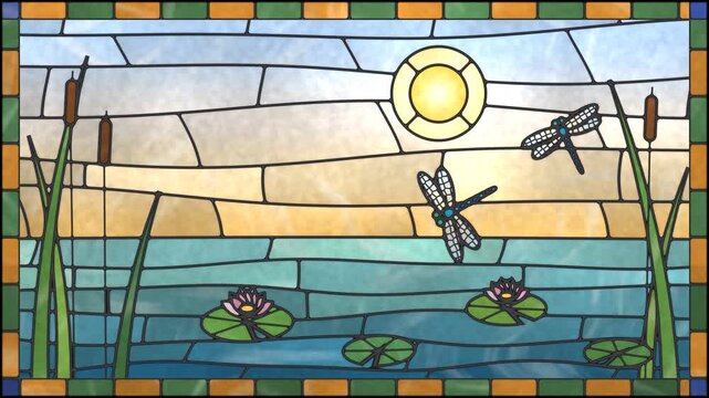 Art nouveau stained glass window with dragonflies flying over water lilies, lead lines, glowing sun and cattails, animated seamless loop with copy space