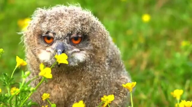 ​Cute Fluffy Baby Owl Chicks Sitting in Green Grass with Yellow Wildflowers