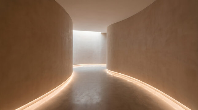 Modern minimalist curved hallway with warm LED floor lighting and smooth plaster walls