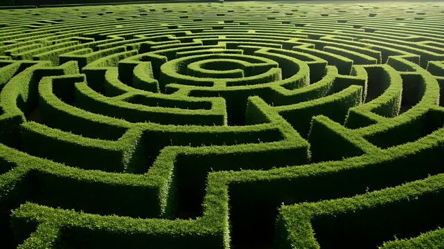 Slow rotating aerial shot of a lush green hedge maze, symbolizing challenge, strategy, and complex problem solving.