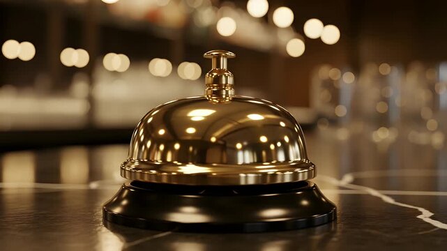 A slow camera rotation around a polished gold hotel service bell on a marble reception desk with soft bokeh lighting.