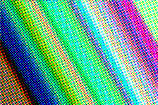 Glowing LED dots on black background green digital light pattern with blue and orange bokeh vibrant abstract design 