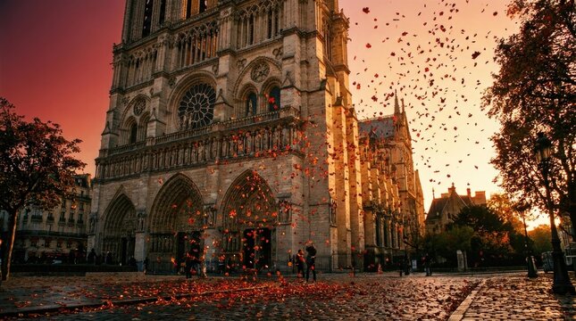 Notre Dame Cathedral Paris Autumn Sunset with Falling Petals and Cobblestone Street