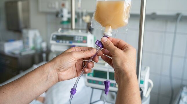 Nurse adjusts intravenous fluid bag in hospital ward with medical equipment in background