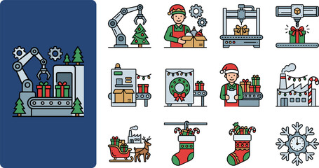 Fototapeta premium Christmas factory production line icons, including robots, elves, gifts, and Santa's workshop elements.
