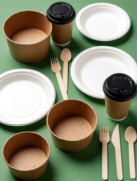 Eco friendly disposable tableware set on green background. Biodegradable paper plates, wooden cutlery, brown cardboard bowls, coffee cups for picnic takeout. Sustainable organic kitchenware products