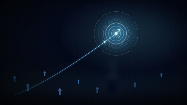 Abstract illustration of an arrow traveling upwards along a curved trajectory towards a glowing target circle, surrounded by smaller floating upward-pointing arrows.