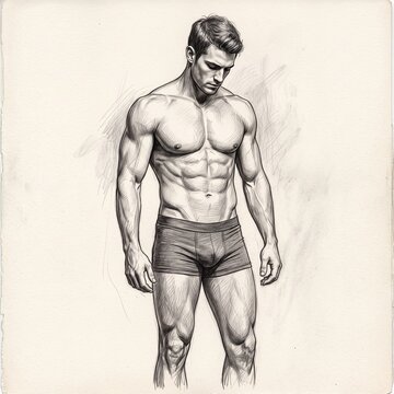 Highly Detailed Pencil Sketch of a Muscular Male Figure Standing in a Relaxed Pose with Head Tilted Downward