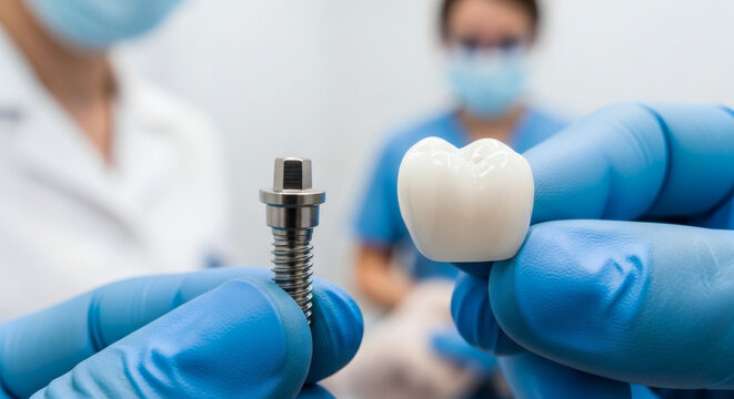Dental implant procedure showing a titanium screw and ceramic crown held by a dentist wearing blue protective nitrile gloves
