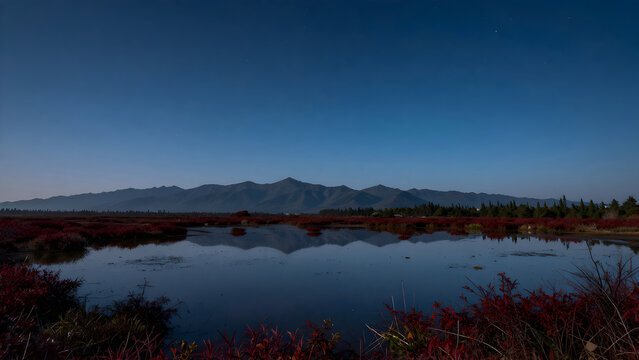 Reflective water surface under a vast blue sky with mountains