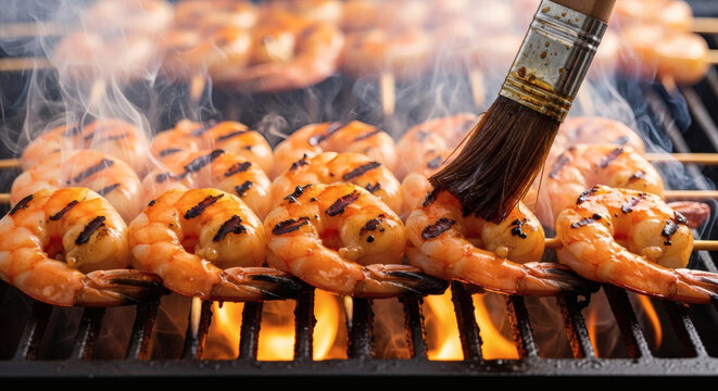 Grilled shrimp skewers cooking on a hot barbecue grill with a basting brush applying delicious savory marinade during summer party