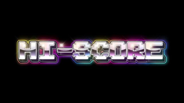 HI-SCORE text effect with chrome metallic 3D style and rainbow color gradient, retro gaming typography, high score achievement